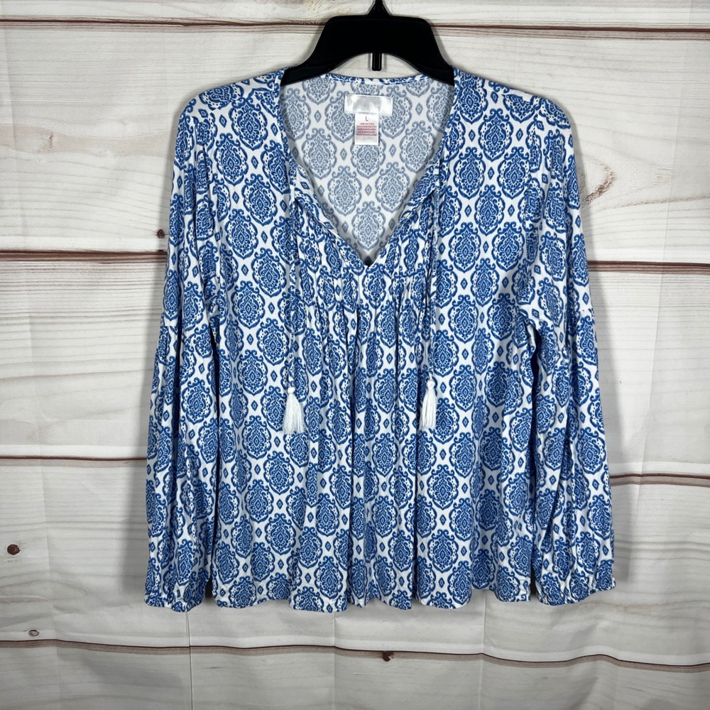 Stella Parker Peasant Blouse Women Large Blue Damask Tassel Tie V-Neck Rayon Top